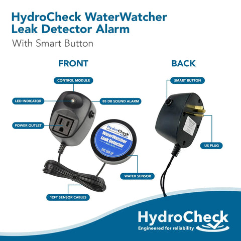 Front and back view of Smart Water Leak Detector Alarm For Home And Basement, Flood Prevention with Automatic Shutoff.