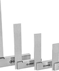 Pro Grade Machinist Steel Square Set 4 Piece Large Engineer Squares With Hardened Ground Blades 72 To 96 Micron Squareness For Inside And Outside Right Angles Ideal For Layout And Inspection In The Shop displaying four neatly aligned squares with visible 'Groz' logo on each.