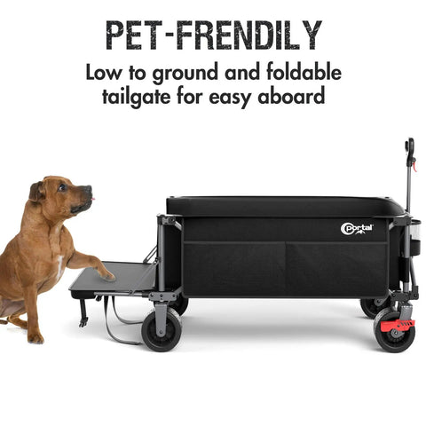 Beast Foldable Wagon With Tailgate Cargo Net 55 Inch Long 26 Inch Wide 600L Capacity All Terrain Wheels with dog on tailgate.