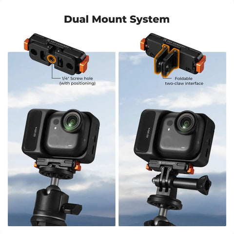 Magnetic Quick Release Mount For Insta360 Go Ultra With 1/4 Inch Screw Hole shown on tripod with foldable connector.