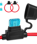 12 Volt Inline Fuse Holder Two Pack With Heavy Duty 16 Awg Waterproof Strain Relief Connector And 11.8 Inch Wiring Pigtail Includes Two 15 Amp Blade Fuses, showing red wires and blue fuses.