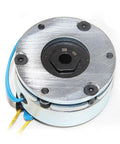 Front view of MIRGJK power-failure brake for stepper motor; round metal housing, blue and yellow wires, center shaft bore.