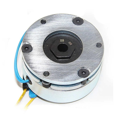 Front view of MIRGJK power-failure brake for stepper motor; round metal housing, blue and yellow wires, center shaft bore.