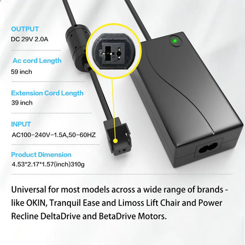 Beefy 29V 2A Power Supply For Recliners And Electric Sofas 100 240V AC DC Adapter Replacement Part 2 Pin Transformer Plug And Play For Lift Chairs Standing Desks And More Compatible With OKIN Limoss Lazboy Pride Catnapper Ashley black adapter with 2-pin plug