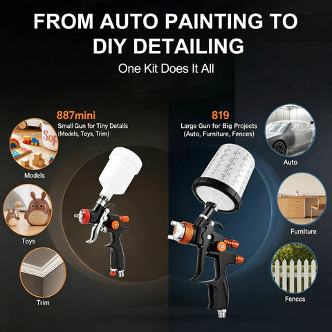 Premium Hvlp Air Spray Gun Kit Featuring Dual Precision Nozzles For Automotive Painting Delivers Hella Smooth Coats While Dramatically Cutting Overspray And Paint Waste with 887 mini and 819 guns.