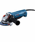 Heavy Duty 4 Inch Angle Grinder With Slick Paddle Switch And Lockdown Ergonomic Handle For Tough Metal Cutting And Grinding Duties Requiring Hardcore Torque And All Day Easy On The Hands Control, side view.