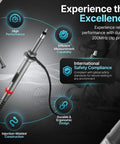 Oscilloscope Probes Pack Of 2 For 200MHz Bandwidth With X1 And X10 Attenuation, 10M 1M Input Resistance, 5mm Tip, 1200mm Cable, High Voltage Rated For Safe Measurements shown with features and compliance icons.