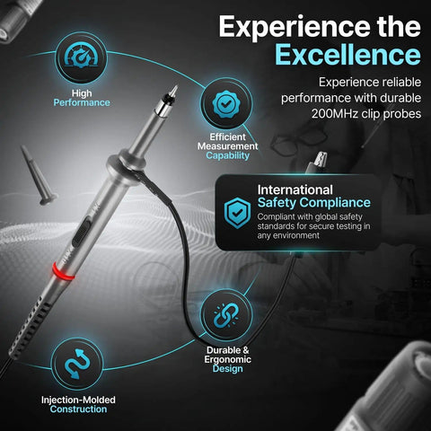Oscilloscope Probes Pack Of 2 For 200MHz Bandwidth With X1 And X10 Attenuation, 10M 1M Input Resistance, 5mm Tip, 1200mm Cable, High Voltage Rated For Safe Measurements shown with features and compliance icons.
