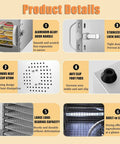 Product details of Big Batch 18 Tray Food Dehydrator With Straight Up Precise Temp Control and Adjustable Timer, showing features.