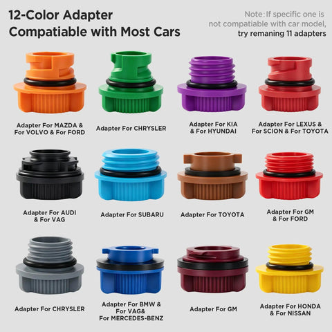 Universal Spill Proof Engine Oil Funnel Kit adapters, twelve colors, compatible with most cars, shown in various colors and labels.