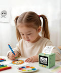 Next Level Smart AI Voice Activated Printer With Ridiculously Fast Inkless Thermal Tech And A Bright 2.4 Inch HD Touchscreen Display For Making Totally Awesome Custom Stickers Everyday used by a child coloring.