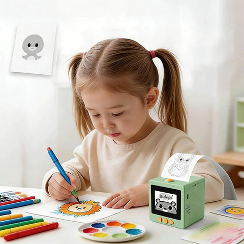 Next Level Smart AI Voice Activated Printer With Ridiculously Fast Inkless Thermal Tech And A Bright 2.4 Inch HD Touchscreen Display For Making Totally Awesome Custom Stickers Everyday used by a child coloring.