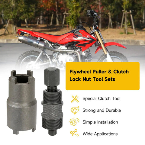 Image of GY6 Stator Flywheel Puller Kit Beefed Up 24mm And 27mm With Clutch Lock Nut Spanner Tools beside a red motorcycle.