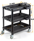 Multi Use Utility Cart With Three Deep Shelves Heavy Duty Service Cart Industrial Grade Tool Organizer Rolling Mobile Cart Holds Up To 500 Lbs Durable Weather Resistant Polypropylene Black Size 32.4 By 18.3 Inches with dimensions and casters shown.