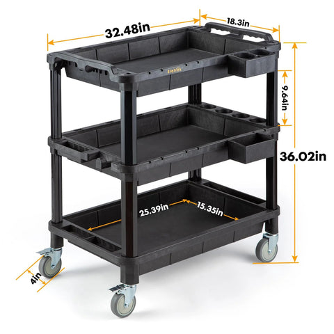 Multi Use Utility Cart With Three Deep Shelves Heavy Duty Service Cart Industrial Grade Tool Organizer Rolling Mobile Cart Holds Up To 500 Lbs Durable Weather Resistant Polypropylene Black Size 32.4 By 18.3 Inches with dimensions and casters shown.