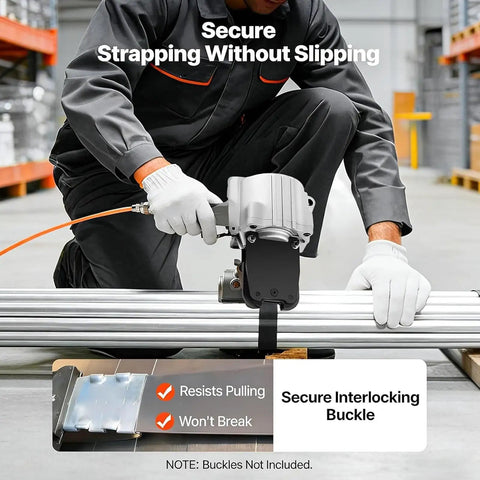 Heavy Duty Pneumatic Steel Strapping Machine With Separate Tensioner And Sealer For 0.8-1.2mm Thickness Metal Bands in use with pipes.
