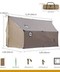 Hammock Hot Tent With Stove Jack For Winter Camping shown with dimensions and accessories, including a carry bag and stove jacks.