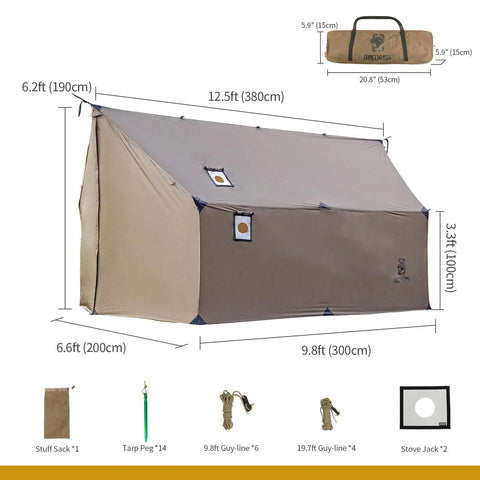 Hammock Hot Tent With Stove Jack For Winter Camping shown with dimensions and accessories, including a carry bag and stove jacks.