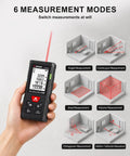 Ace Your Dims With 229 Ft Laser Distance Meter That Has A Built In Bubble Level And Nails Accuracy At Plus Or Minus One Sixteenth Inch To Help You Skip Return Trips While Measuring Windows Doors And Cabinets For Your Next Big DIY Win showing 6 measurement modes and the device in hand.