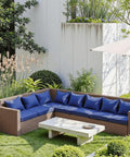 Outdoor Seat Cushion Set 24 X 24 X 4 Inch Waterproof And Fade Resistant Cushions with removable covers on patio furniture in blue.