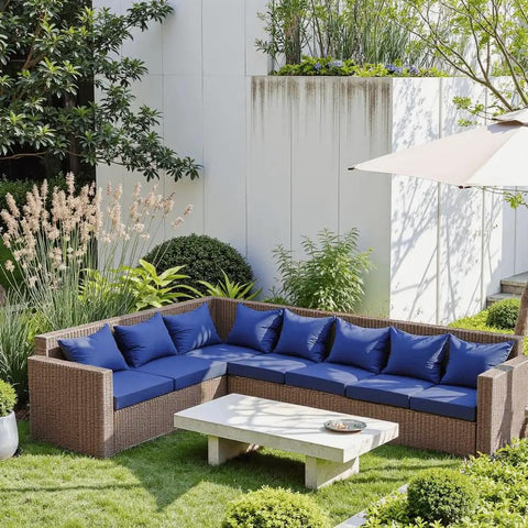 Outdoor Seat Cushion Set 24 X 24 X 4 Inch Waterproof And Fade Resistant Cushions with removable covers on patio furniture in blue.