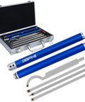 DEEFIINE carbide-tip wood lathe turning tool kit with blue aluminum handles in a metal case