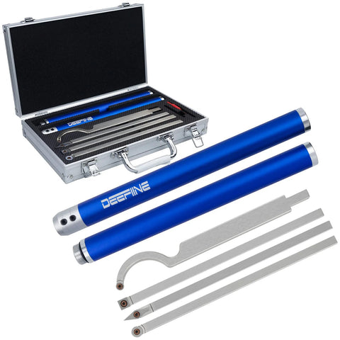 DEEFIINE carbide-tip wood lathe turning tool kit with blue aluminum handles in a metal case