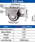 Low Profile Fixed Caster Wheels For Narrow Furniture Spaces Ideal For Drawers Cabinets And Trundle Beds Side Mount Non Swivel One And A Quarter Inch Small Wheel Set Of Four Load Thirty Six Lbs Each Concealed Design For Easy Furniture Renovation with dimensions and screw shown