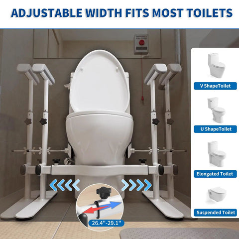 Built Tough Toilet Safety Rails For Seniors With No Wobble Stability and Wide Anti Slip Base for Tile or Hardwood Floors Straightforward Setup Handicap Support Frame shown near various toilet shapes