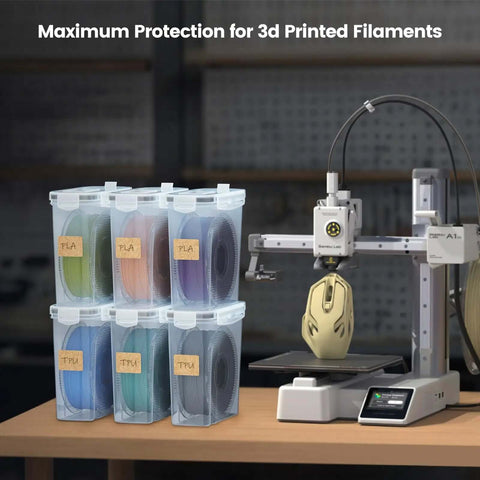 Stack of Six Pack Filament Storage Boxes For 3D Printing Sealing And Protection Waterproof Dustproof Four Liter Capacity With Labels