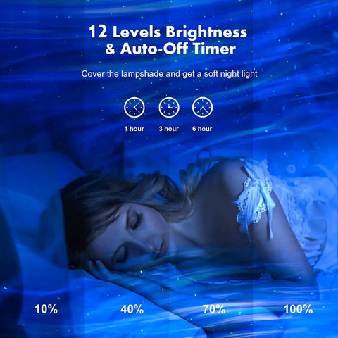 Woman sleeping under blue light from Aurora 4 In 1 Galaxy Star Projector With Bluetooth Speaker, Night Light, White Noise Sleep Aid.