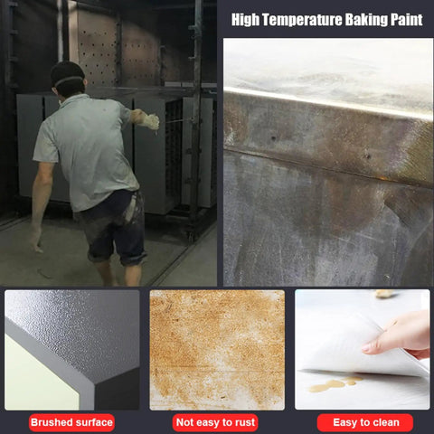 Man applying high temperature baking paint on metal surface, showcasing brushed finish, rust resistance, and easy-to-clean property.