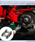 Buy This 95mm Pitch ANSI #35 Roller Chain Master Link Set With Heavy Duty Manganese Steel For Tough Job Site Repairs And Smooth Bike Fixes That Rock installed on a motorcycle.