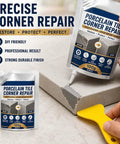 Nails Your Tile Repair Game Waterproof Stone Corner Filler Gray Crack Compound Bathroom Counter Edges Seals Cracks Chips Durable Masonry Patch Easy Apply 1 Piece in use, showing application to repair tile corners.