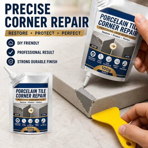 Nails Your Tile Repair Game Waterproof Stone Corner Filler Gray Crack Compound Bathroom Counter Edges Seals Cracks Chips Durable Masonry Patch Easy Apply 1 Piece in use, showing application to repair tile corners.