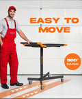 Mobile Rolling Tool Cart With 8 Adjustable Heights From 34.25 To 48.03 Inches Adjustable Work Bench For Garage 110 lb Capacity On Wheels Multi Scene Work Table In Orange Easy Glide Swivel Wheels And Locking Casters shown in a garage with a worker.