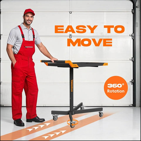 Mobile Rolling Tool Cart With 8 Adjustable Heights From 34.25 To 48.03 Inches Adjustable Work Bench For Garage 110 lb Capacity On Wheels Multi Scene Work Table In Orange Easy Glide Swivel Wheels And Locking Casters shown in a garage with a worker.