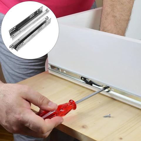 Installing heavy duty drawer slides bottom mount silent rails for cabinets and closets, thickened cold rolled steel, with screwdriver.