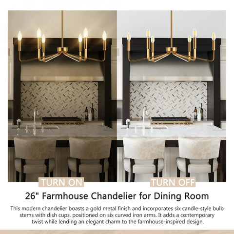 Six Light Modern Brushed Brass Chandelier 26 Inch Hanging Ceiling Light Fixture displayed over kitchen island.