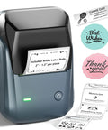 Super Slick 2 Inch Bluetooth Label Printer For Home Organization With Dead Simple Smartphone App Setup And Fast PC Sync Feature Wrapped In Vibrant Blue Shell with labels.