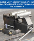 Rock Solid Five Inch Workbench Vise With Knockout Grip Smooth Non Marring Jaws And Heavy Duty Locking Mechanism, showing multi-jaw design.
