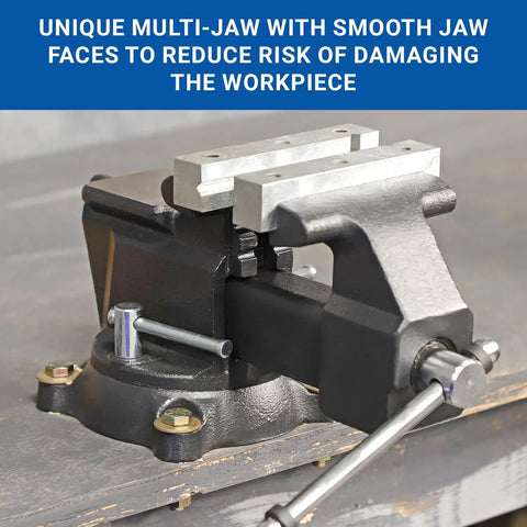 Rock Solid Five Inch Workbench Vise With Knockout Grip Smooth Non Marring Jaws And Heavy Duty Locking Mechanism, showing multi-jaw design.