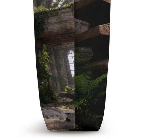 Cool Industrial Gear Ruin Factory Machinery Tote Bag with a textured design showcasing an overgrown factory interior.