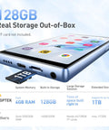 5 Inch MP3 Player With 128GB Real Storage Bluetooth And WiFi Android 13 System, showing storage capacity and TF card slot.