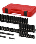 Beefy Heavy Duty 49 Piece Three Eighths Inch Drive Impact Socket Set With Deep And Shallow Sockets, case, extension, SAE Metric