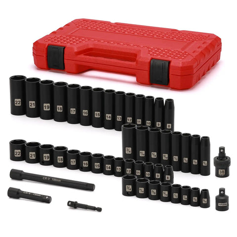 Beefy Heavy Duty 49 Piece Three Eighths Inch Drive Impact Socket Set With Deep And Shallow Sockets, case, extension, SAE Metric