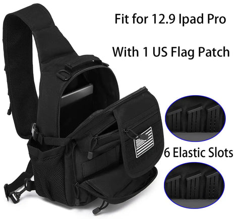 Tactical Sling Crossbody Bag With 15L Capacity, US Flag Patch, showing moveable holster and elastic slots; ideal EDC gear.