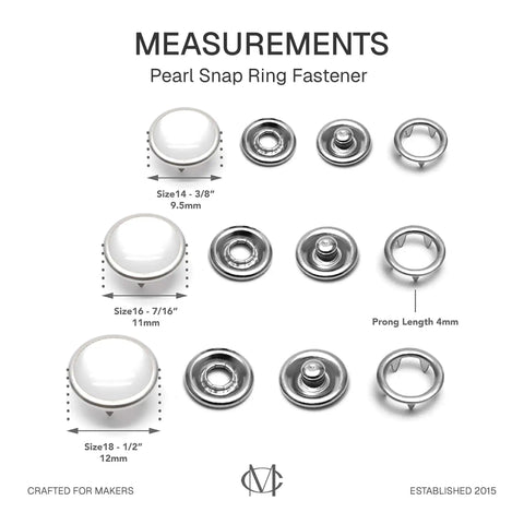 Pearl Snap Fasteners 20 Sets 10.5mm Cloudy White Pearl Popper Buttons for Western Shirts and Cowgirl Clothes, shown in sizes.