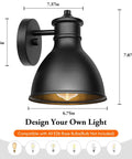 Industrial Barn Style Outdoor Wall Sconces Lanterns Matte Black Porch Lights For Farmhouse Exterior with dimensions and E26 socket.