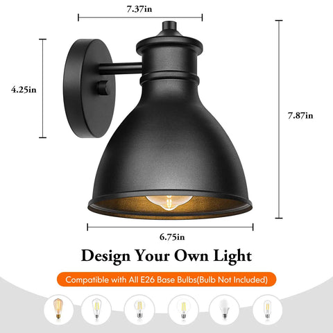 Industrial Barn Style Outdoor Wall Sconces Lanterns Matte Black Porch Lights For Farmhouse Exterior with dimensions and E26 socket.